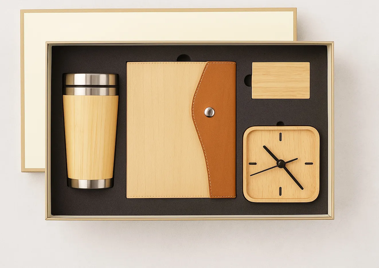 Bamboo gift set with travel tumbler, bamboo A5 diary with tan flap, card power bank and square bamboo clock in a box
