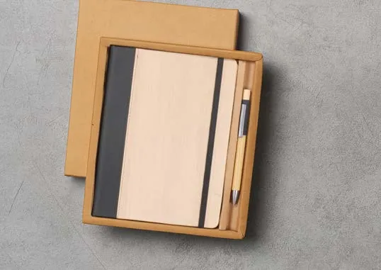 Wood-panel diary with black sides and elastic strap with a bamboo pen in a kraft box on grey concrete.