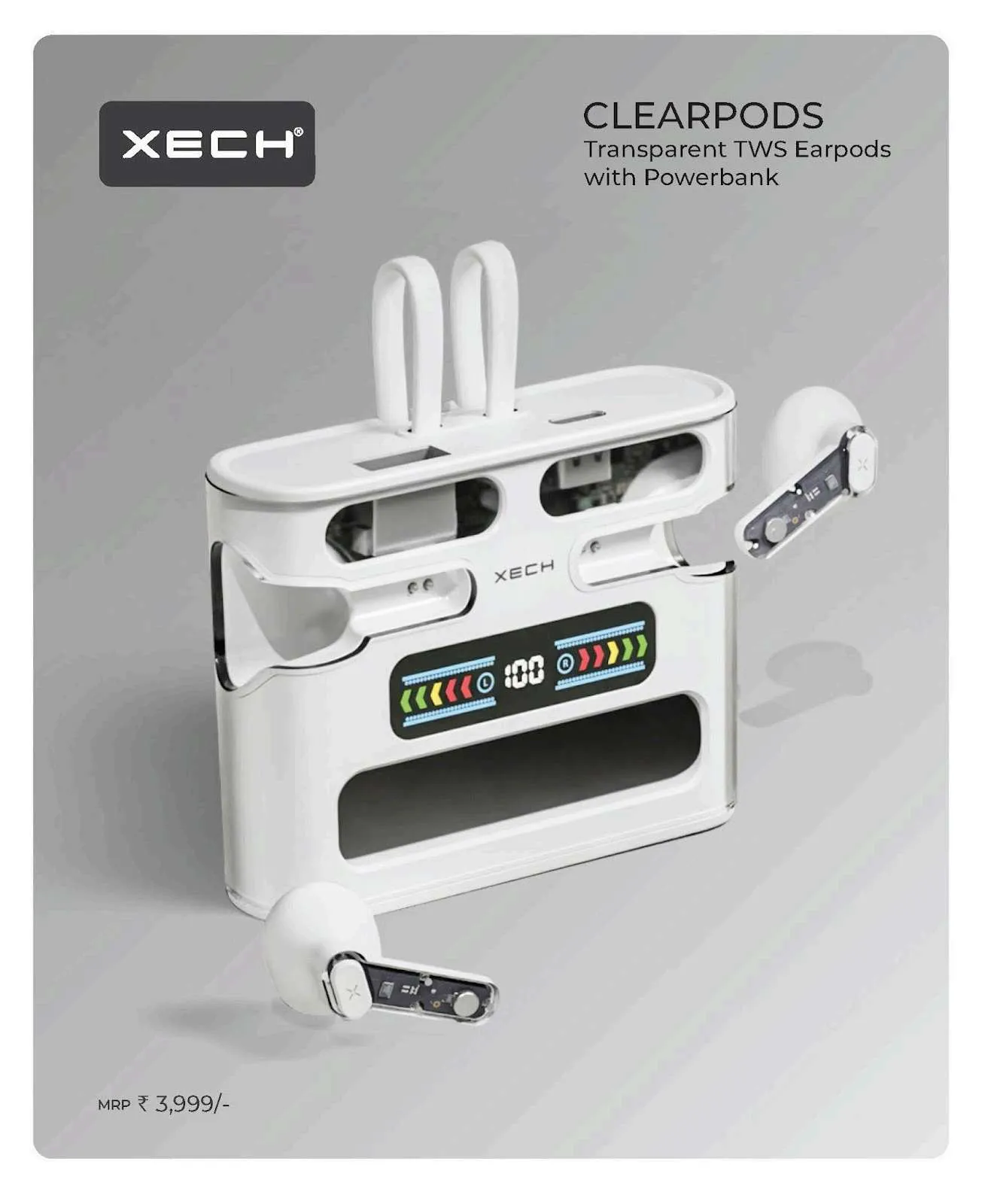 White XECH ClearPods transparent TWS earbuds and power-bank case with a colourful battery display