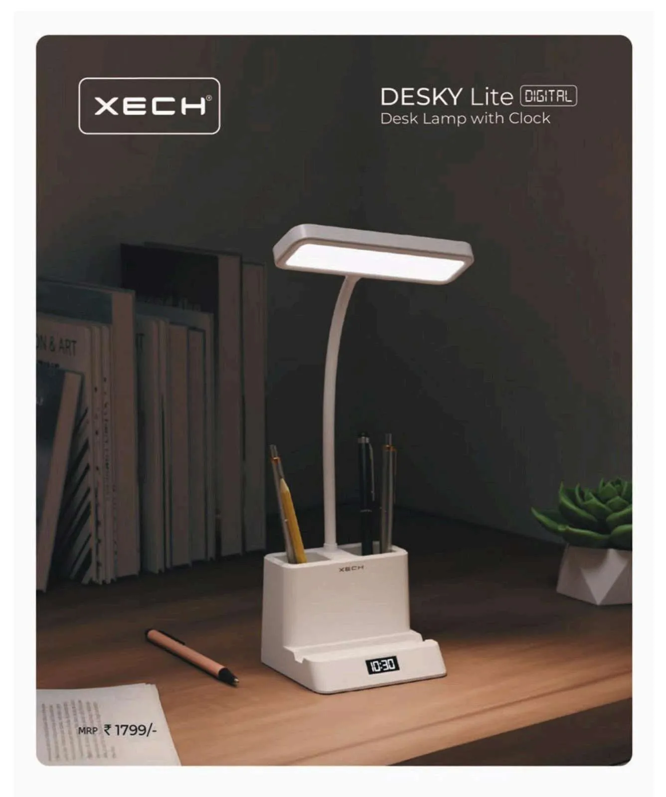 White XECH Desky Lite Digital gooseneck desk lamp with pen holder and digital clock on a wooden desk
