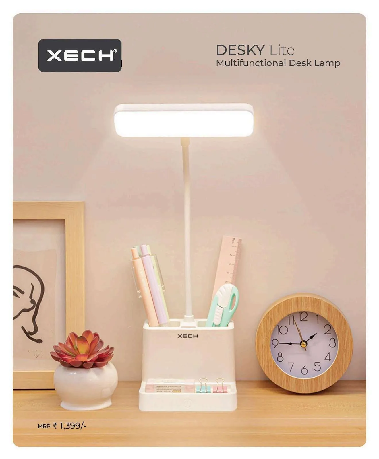 White XECH Desky Lite desk lamp with pen holder full of stationery beside a wooden-framed clock