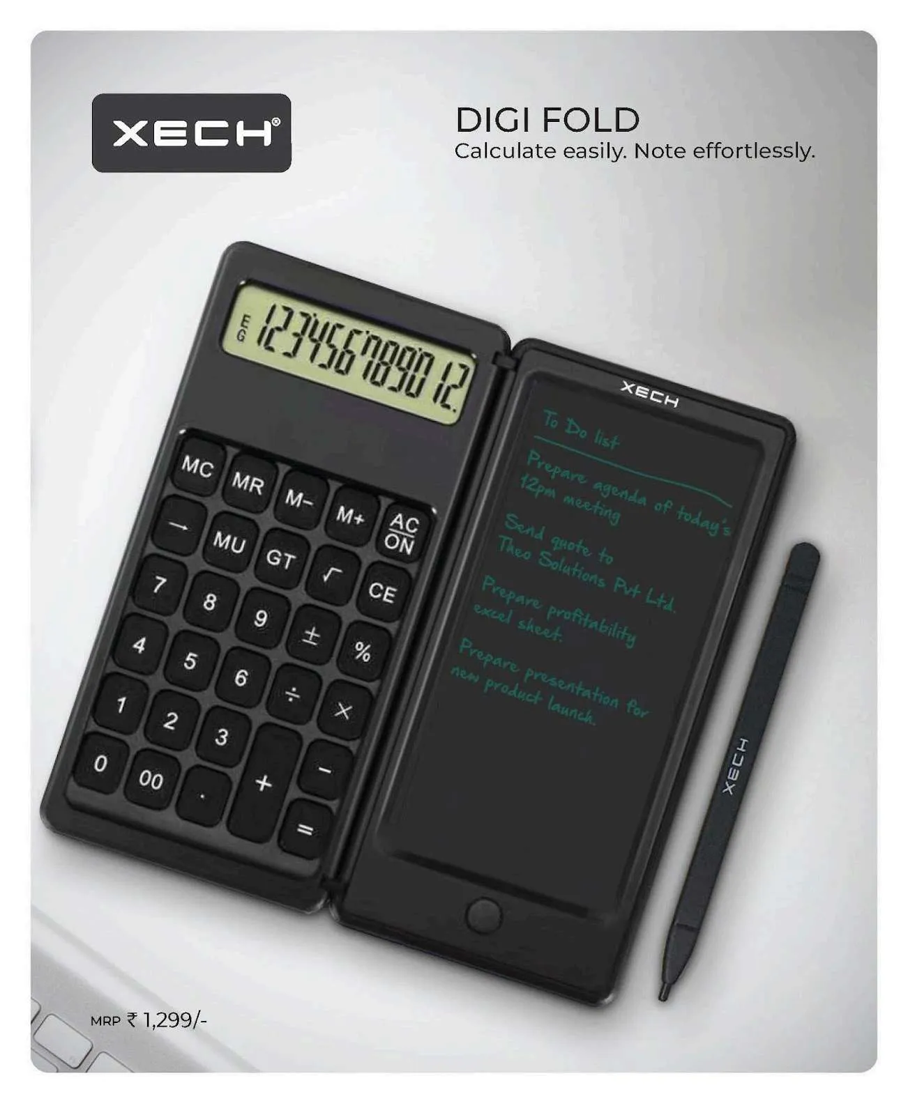 Open black XECH Digi Fold showing a calculator, an LCD writing pad with notes, and a stylus