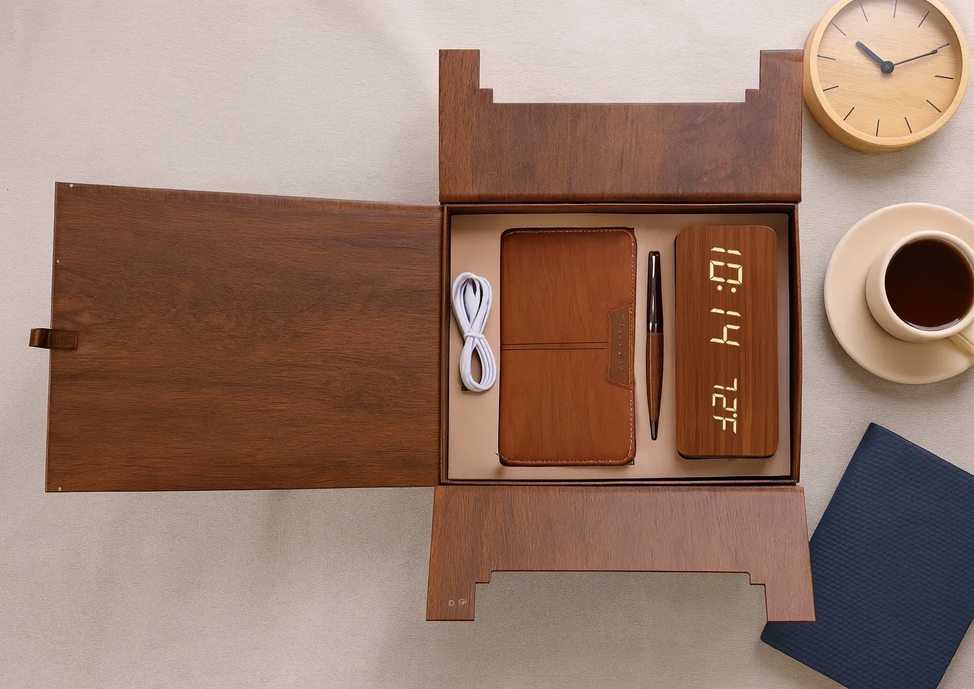 Open walnut wooden gift box holding a tan leatherette diary, brown pen, white USB cable and a wood-finish LED desk clock.
