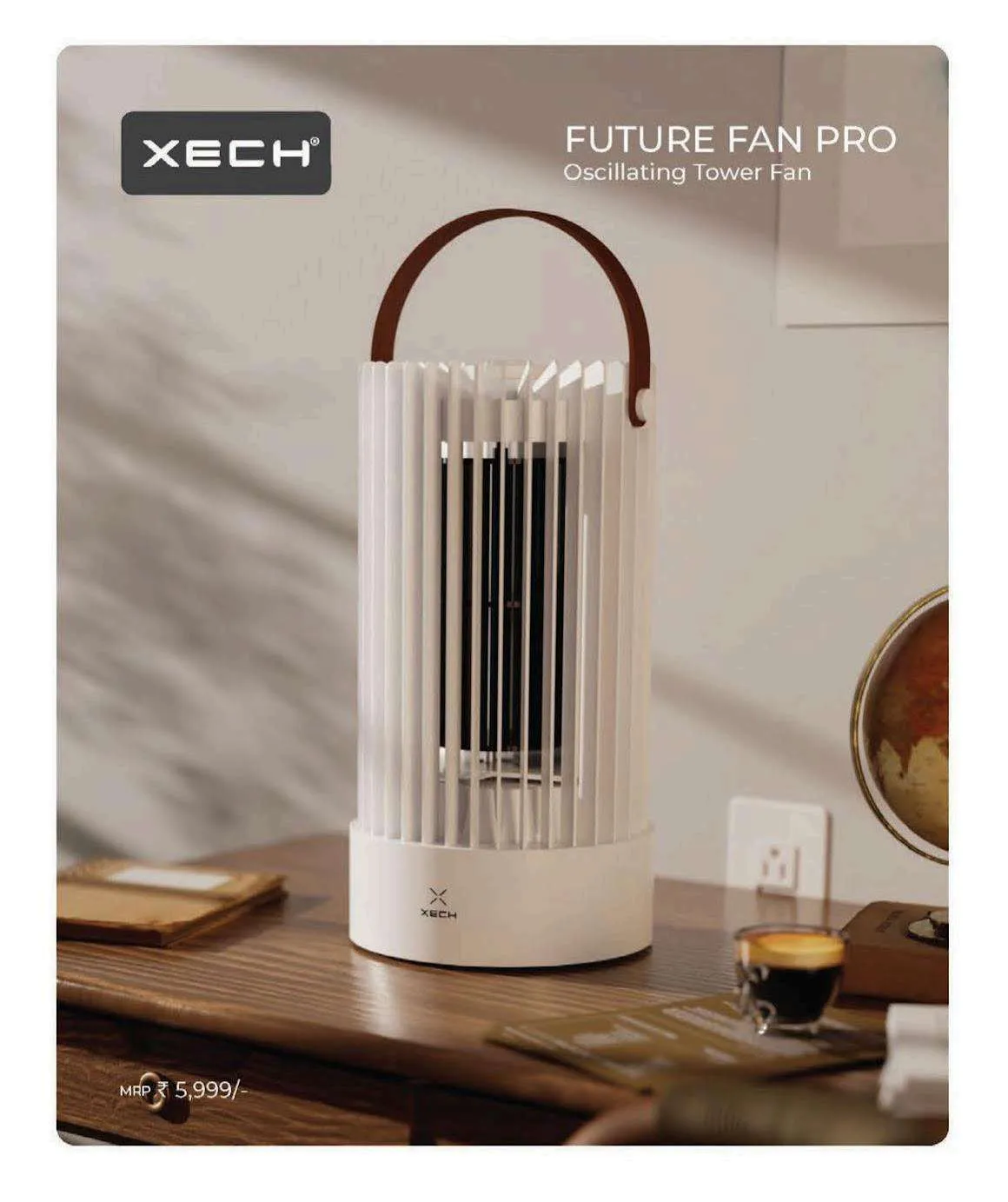 Cream-white XECH Future Fan Pro oscillating tower fan with tan leather handle on a desk
