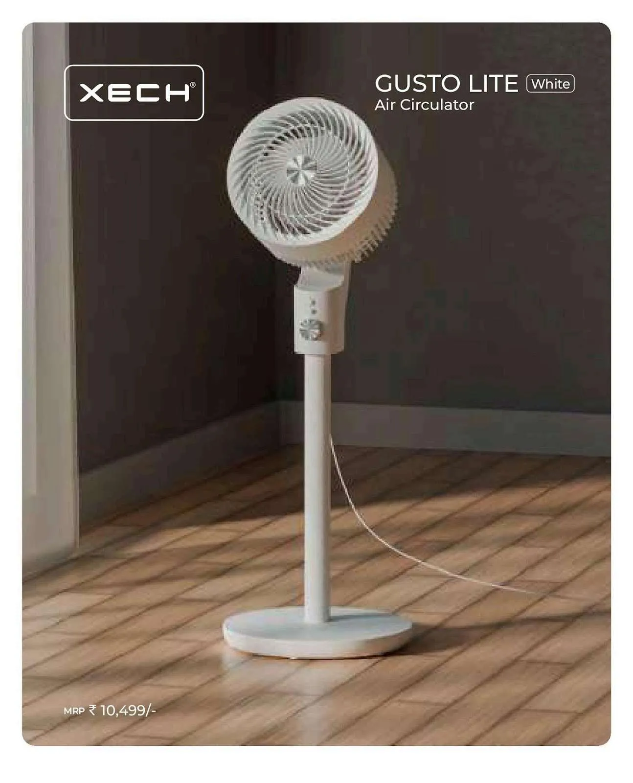 All-white XECH Gusto Lite pedestal air circulator with spiral grille on a wooden floor