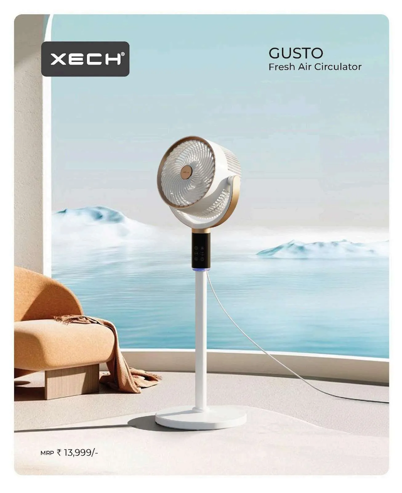 White and gold XECH Gusto pedestal air circulator with digital control panel by a sea-view window