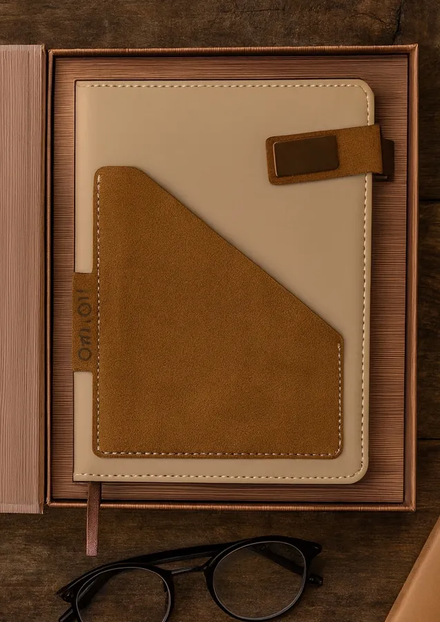 Open gift box with a tan-and-beige leatherette diary; companion box holds a tan pen, keychain and leather card holder.