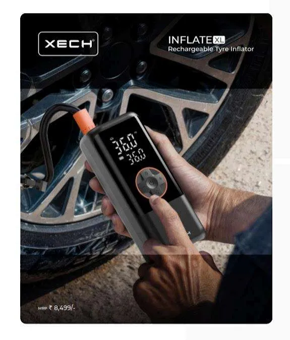 XECH Inflate XL rechargeable tyre inflator in black with orange accents, held in hand with a dual digital display beside a large wheel.