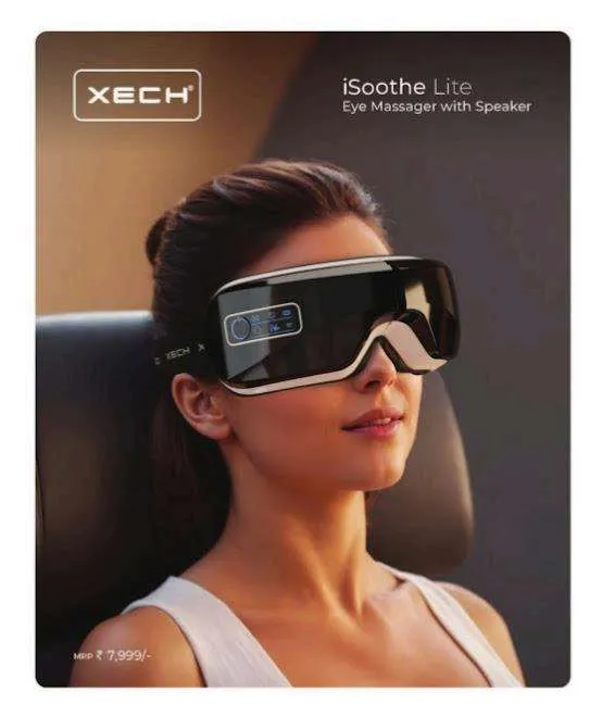 XECH iSoothe Lite black eye massager with front display worn by a seated woman