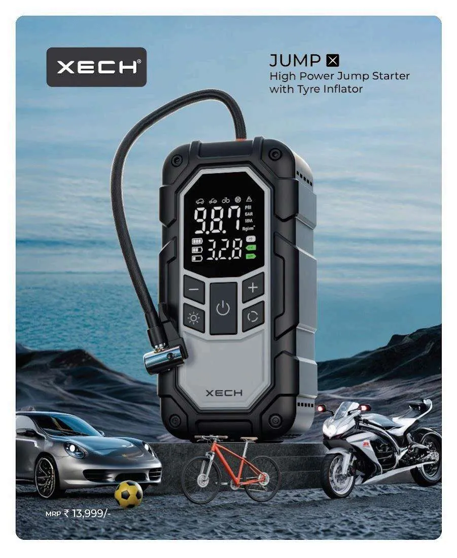 XECH Jump X portable jump starter with tyre inflator and digital display, shown against a coastal mountain backdrop with car, bike and motorcycle.