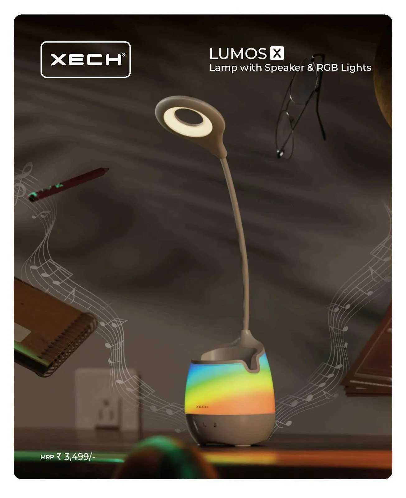 XECH Lumos X gooseneck desk lamp with white ring light and a rainbow RGB-lit speaker base on a desk.