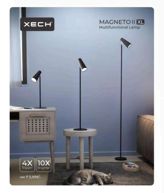 Black XECH Magneto II XL floor lamps shown in three heights in a blue-walled room.