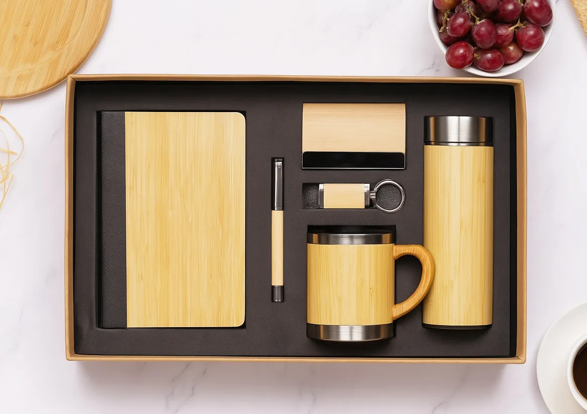 Bamboo 6-in-1 gift set with diary, pen, card holder, USB drive, keychain, mug and flask in a kraft box