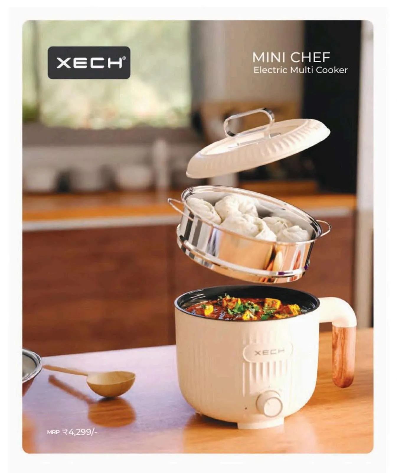 XECH Mini Chef cream electric multi cooker with curry inside, a steamer basket of momos and the lid lifting above it.
