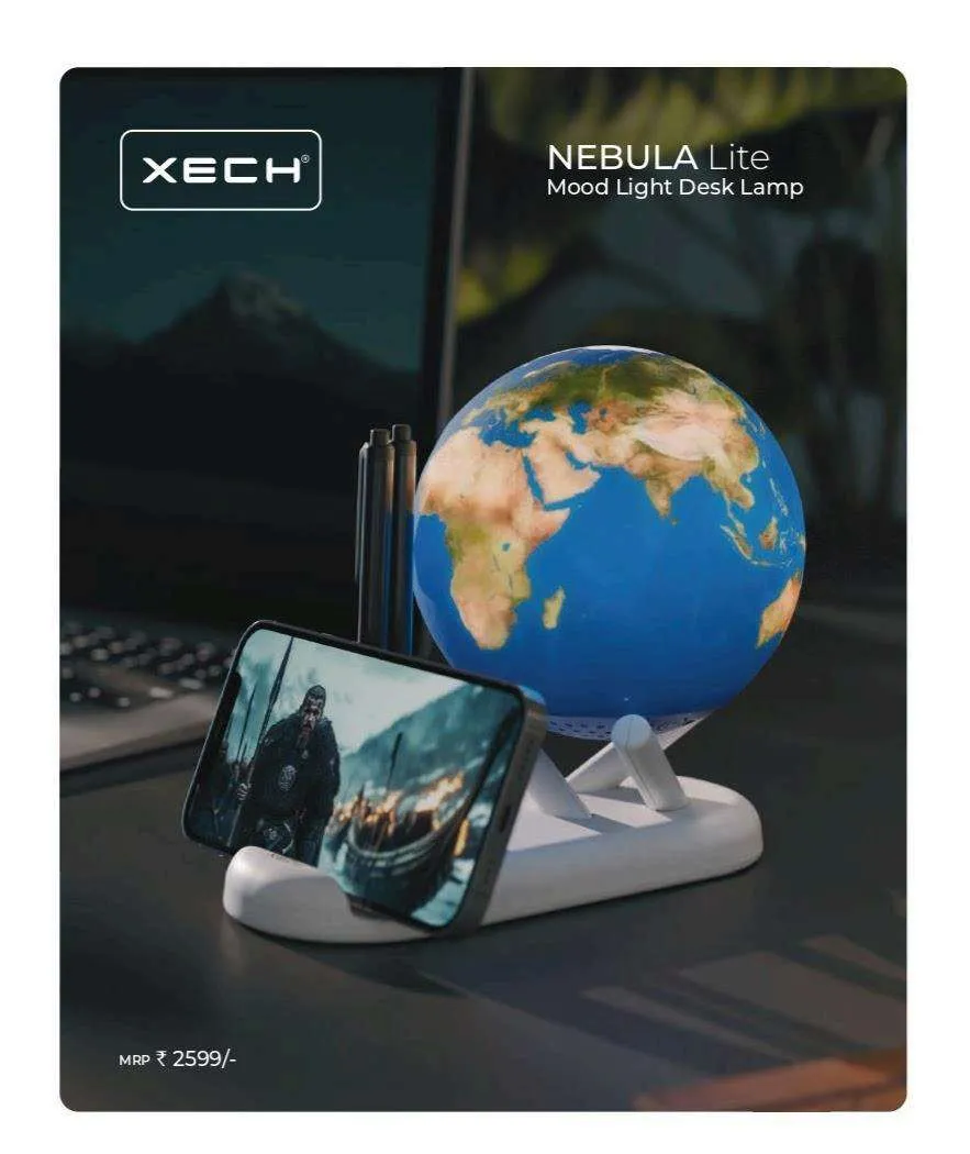 Globe-shaped XECH Nebula Lite mood lamp with phone holder and pen slots on a white desk stand