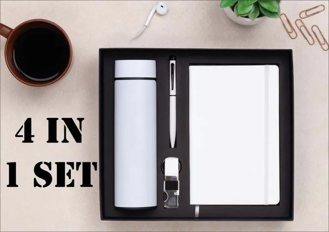 White vacuum flask, white A5 notebook, white metal pen and keychain in a black gift tray