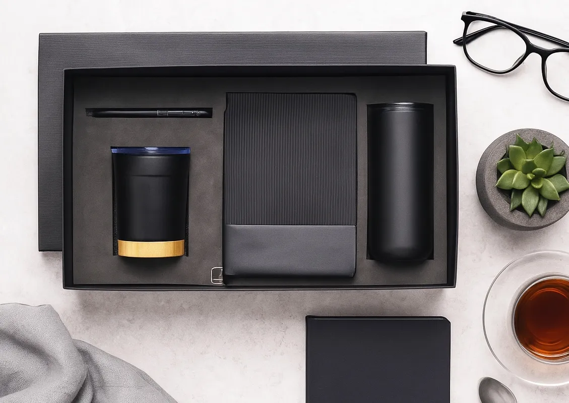 Black 4-in-1 gift box with bamboo-base tumbler, ribbed diary, metal pen and slim flask on a stone surface.