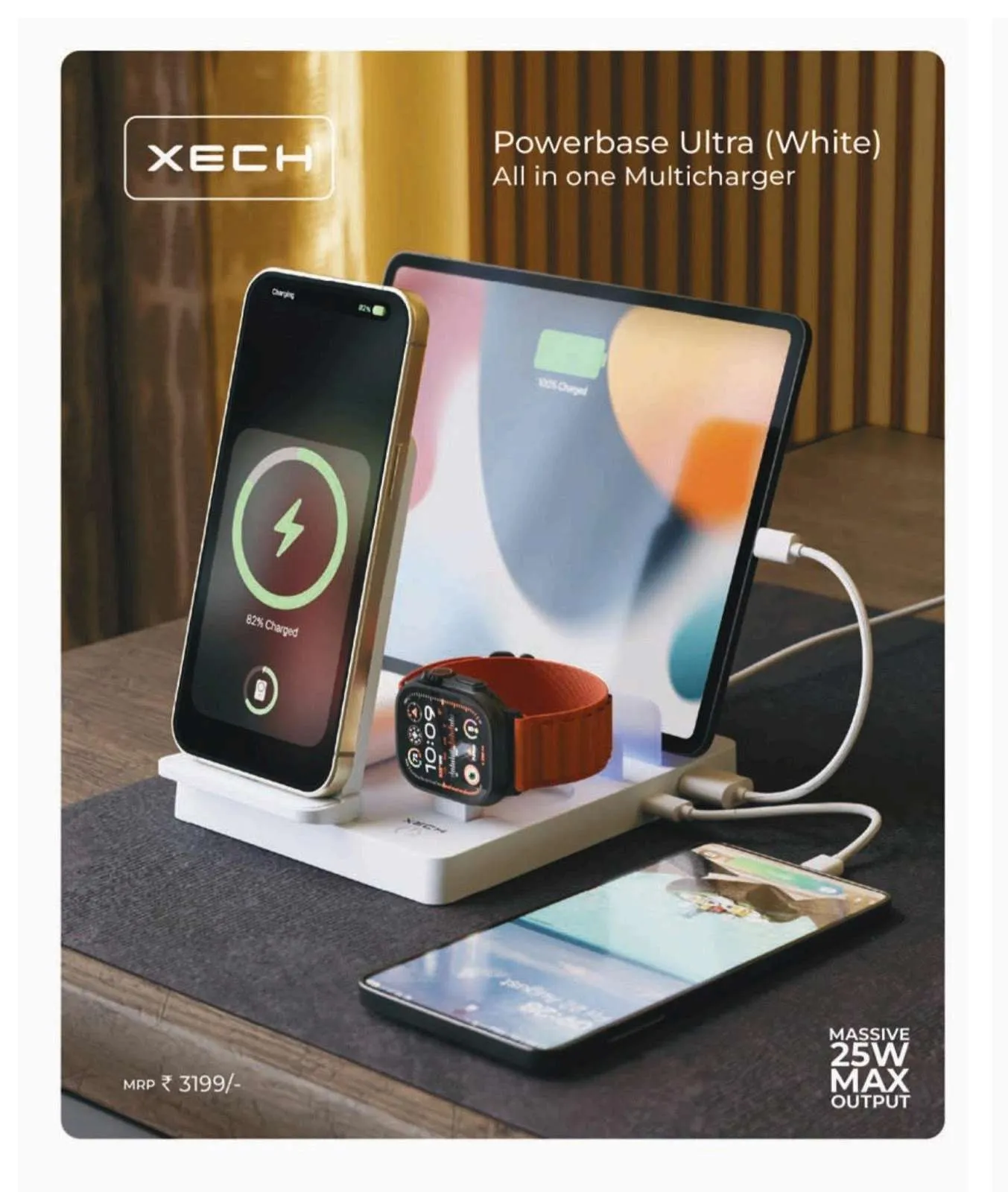 White XECH Powerbase Ultra charging station holding a tablet, phone, smartwatch and a second phone with extra cables on a desk.