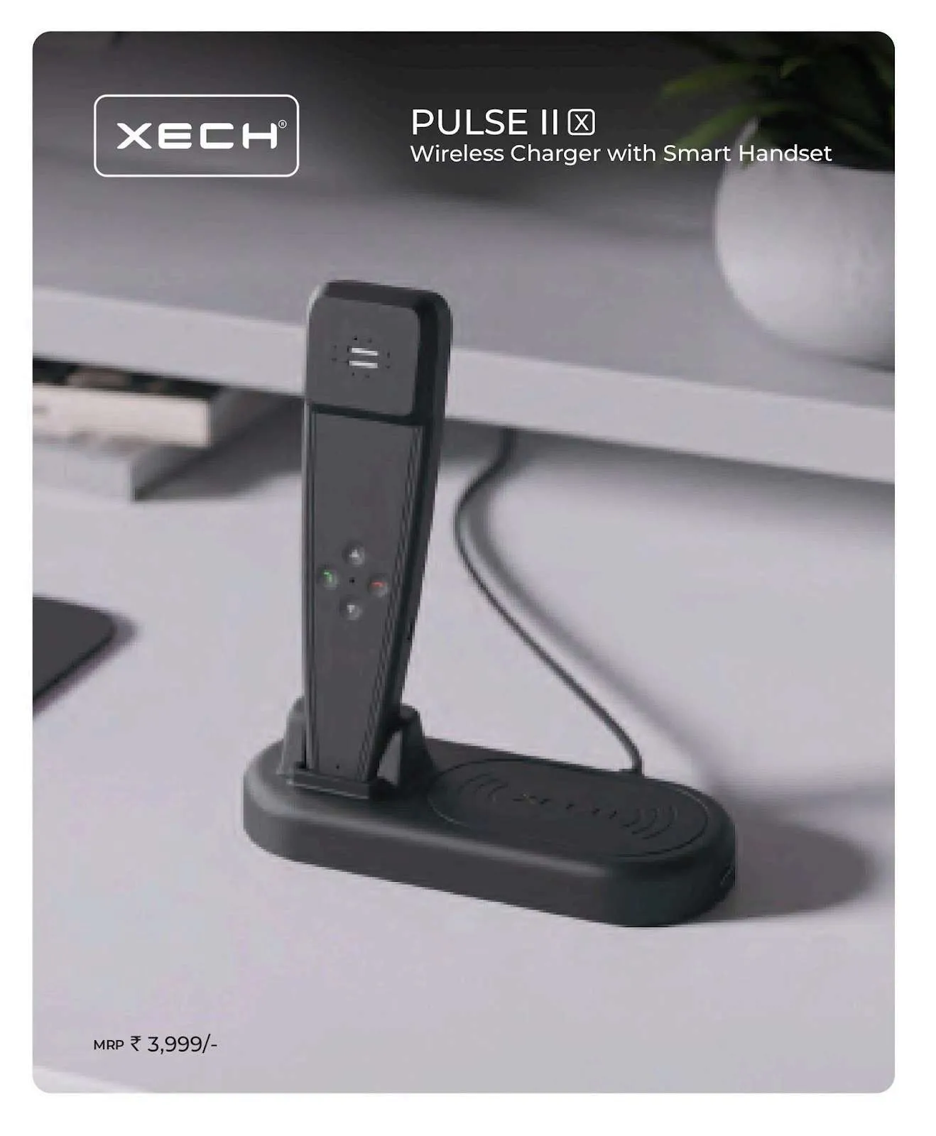 XECH Pulse II X black wireless charging base with an upright smart handset cradled on a desk.