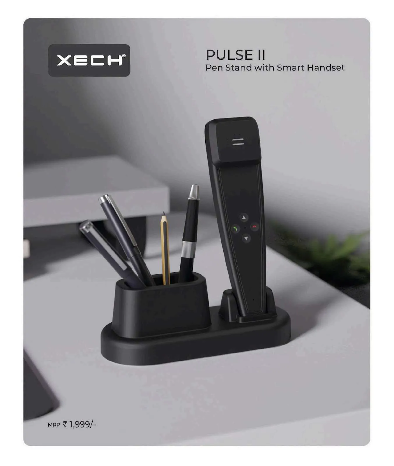 Black XECH Pulse II desk pen stand with pens and a docked Bluetooth handset