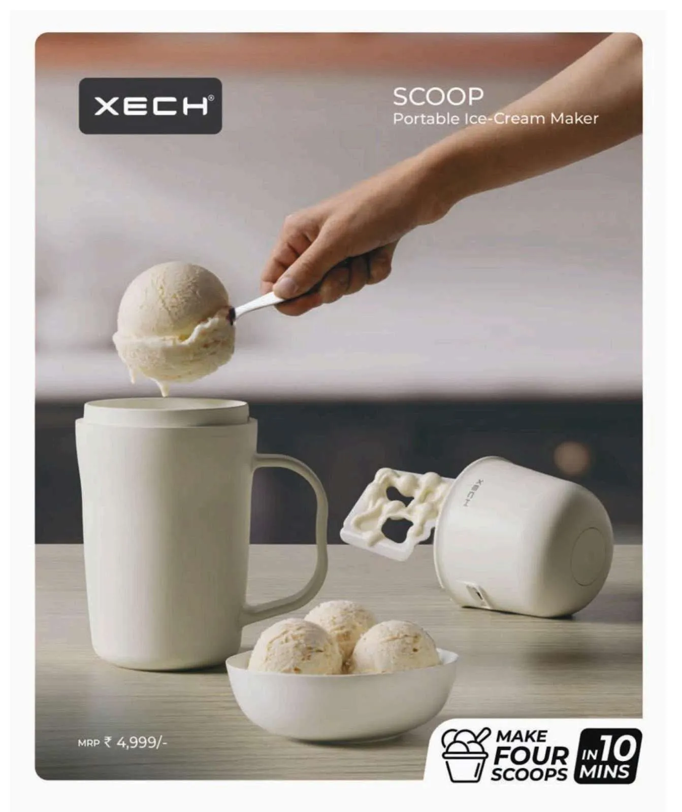 XECH Scoop portable ice-cream maker in cream with a hand scooping vanilla ice cream into a mug, a bowl of scoops and the churning unit beside it.