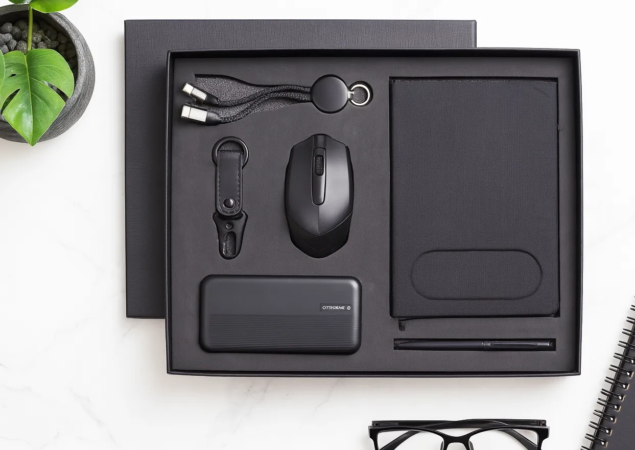 Black six-piece gift set with power bank, wireless mouse, charging cable, key fob, diary and pen in a textured presentation box.