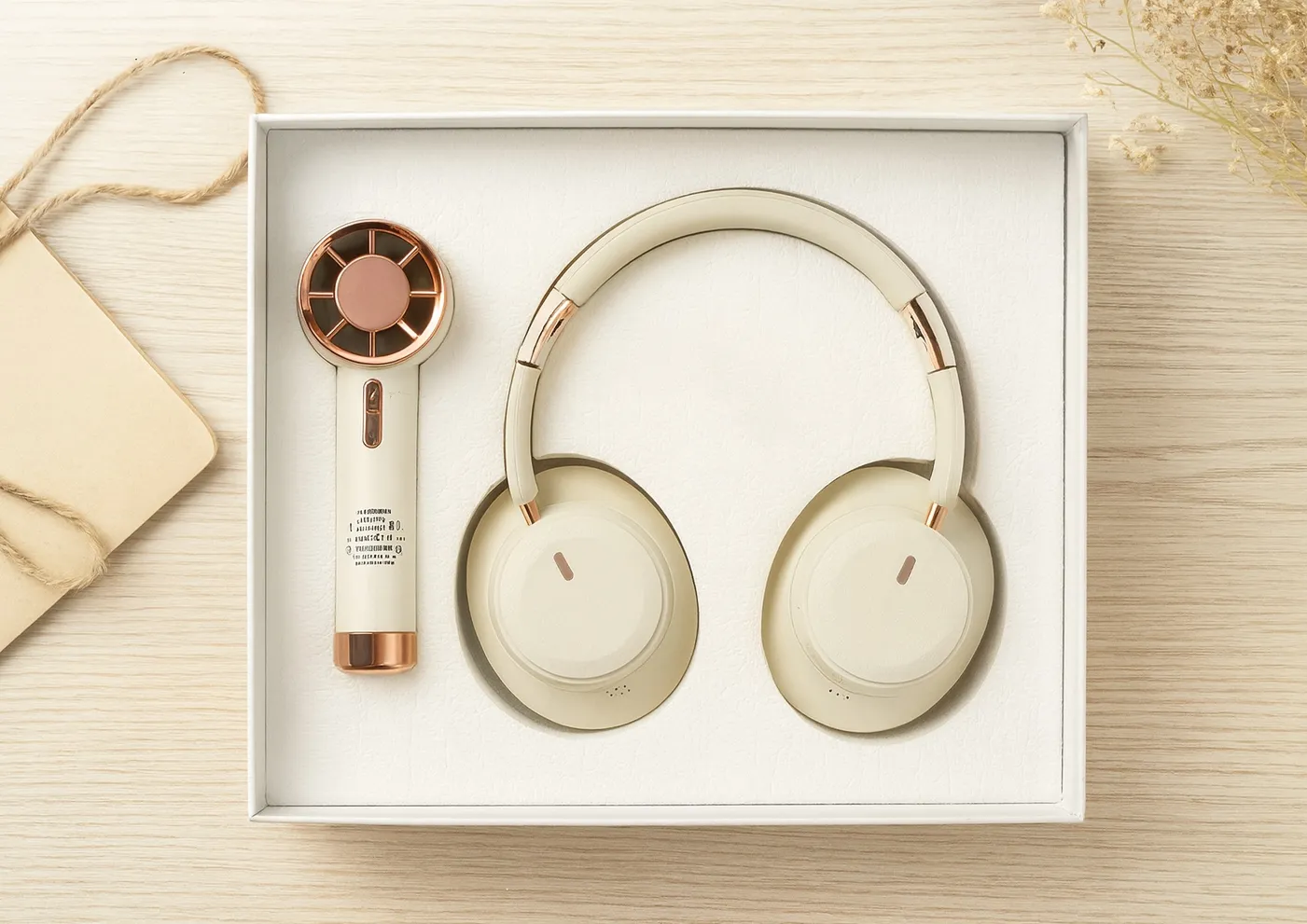 Cream rose-gold handheld fan beside cream over-ear wireless headphones in a white gift box on a wood surface.