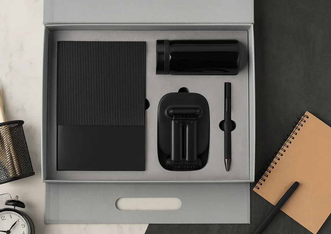 Black 4-in-1 desk gift set with ribbed diary, flask, charging dock and pen in a grey box.