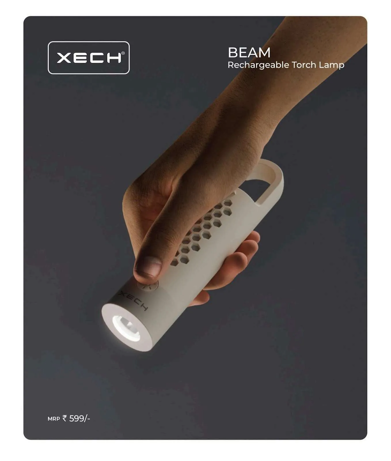 White XECH Solar Beam lantern with a top solar panel glowing warmly on a wooden desk beside books.