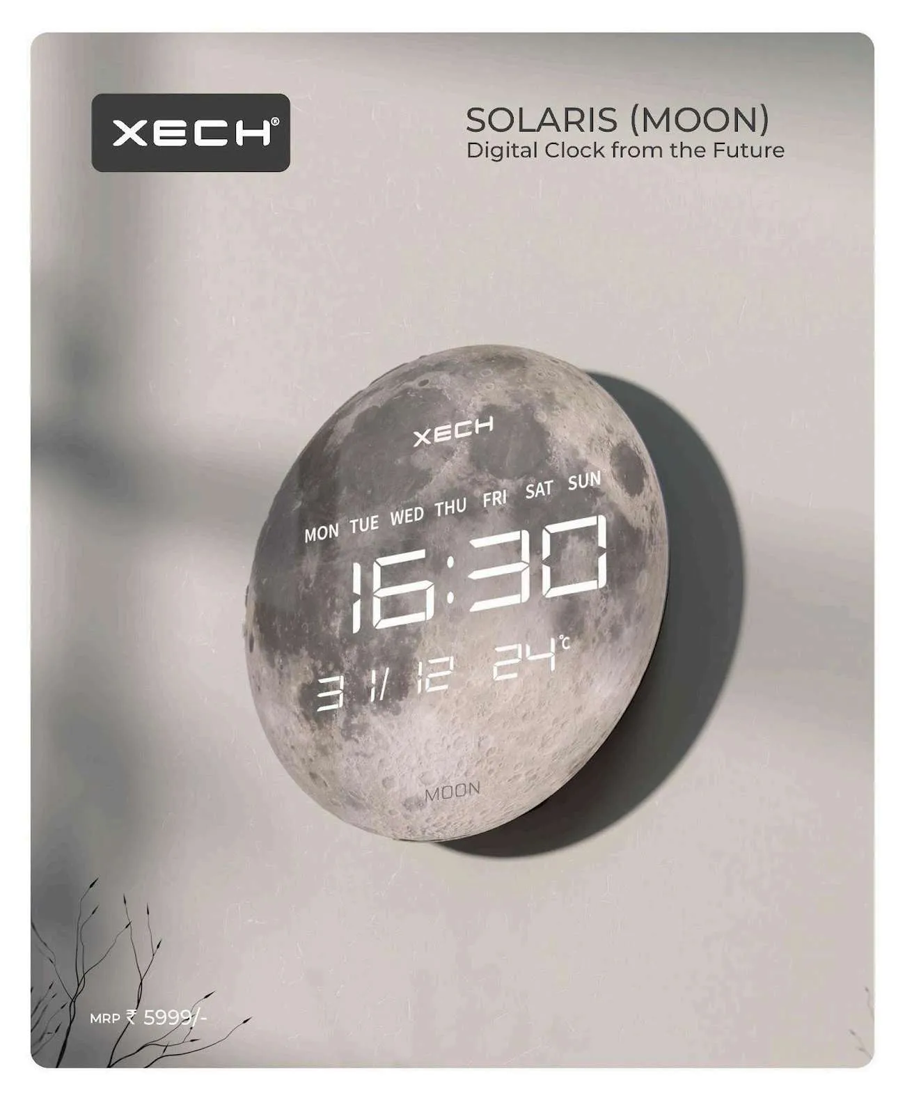 XECH Solaris Moon lunar-surface desktop clock showing 16:30 against a neutral grey background