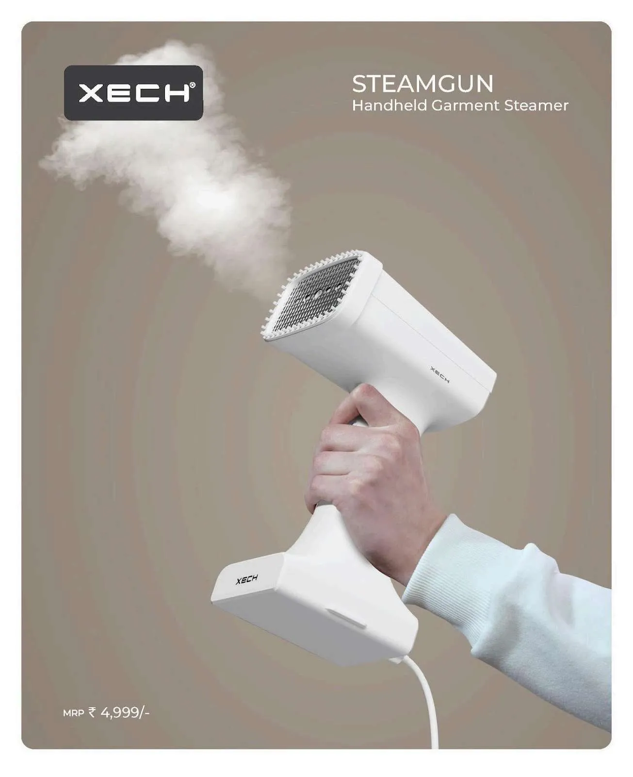 XECH Steam Gun white handheld garment steamer held in hand emitting a plume of steam