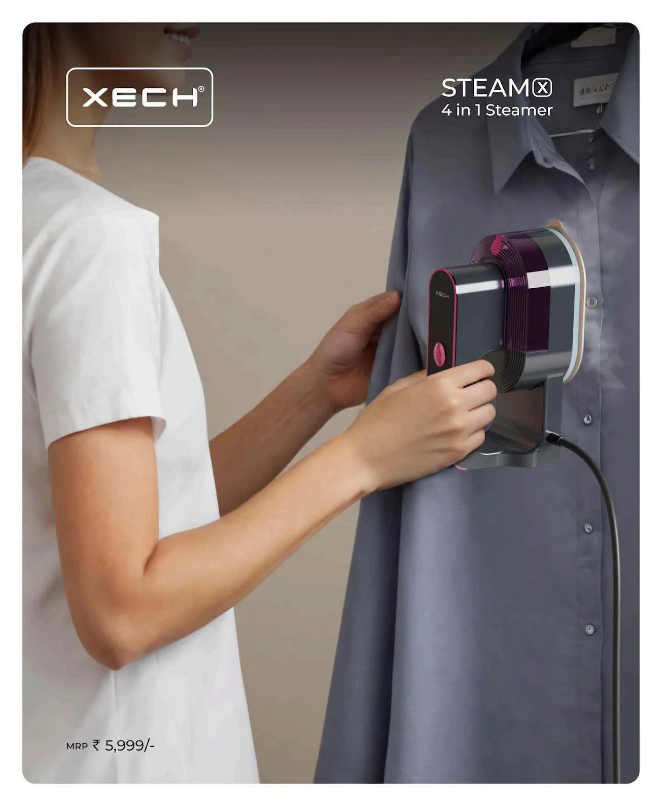 XECH Steam X purple 4-in-1 handheld steamer pressing a grey shirt on a hanger.