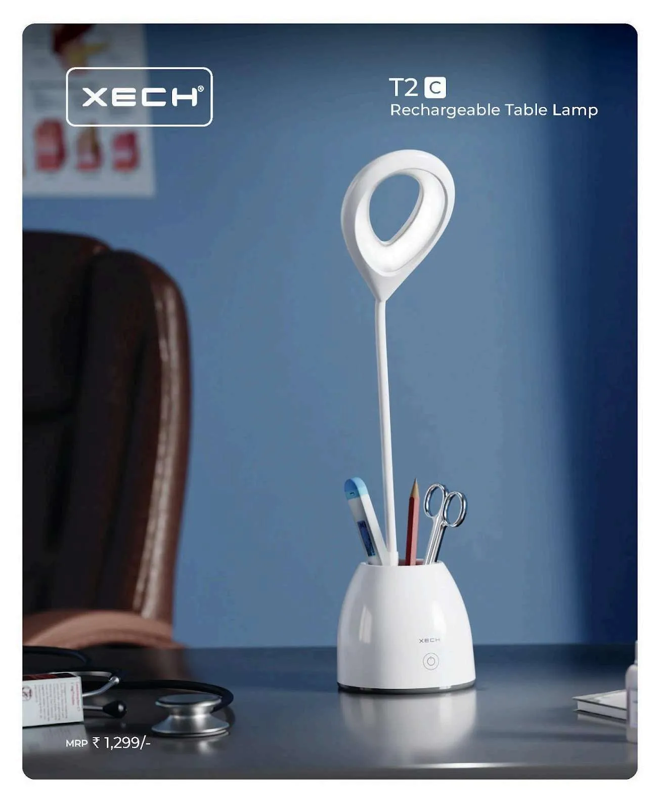 White XECH T2C rechargeable table lamp with teardrop ring light and base holding pens and scissors on a desk.