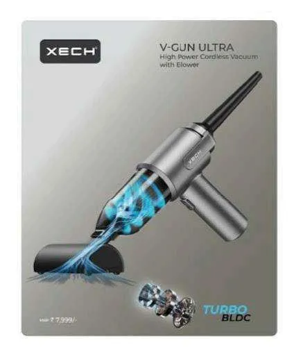 Silver XECH V-Gun Ultra cordless vacuum with clear dust chamber, slim nozzle and Turbo BLDC label on a grey background.
