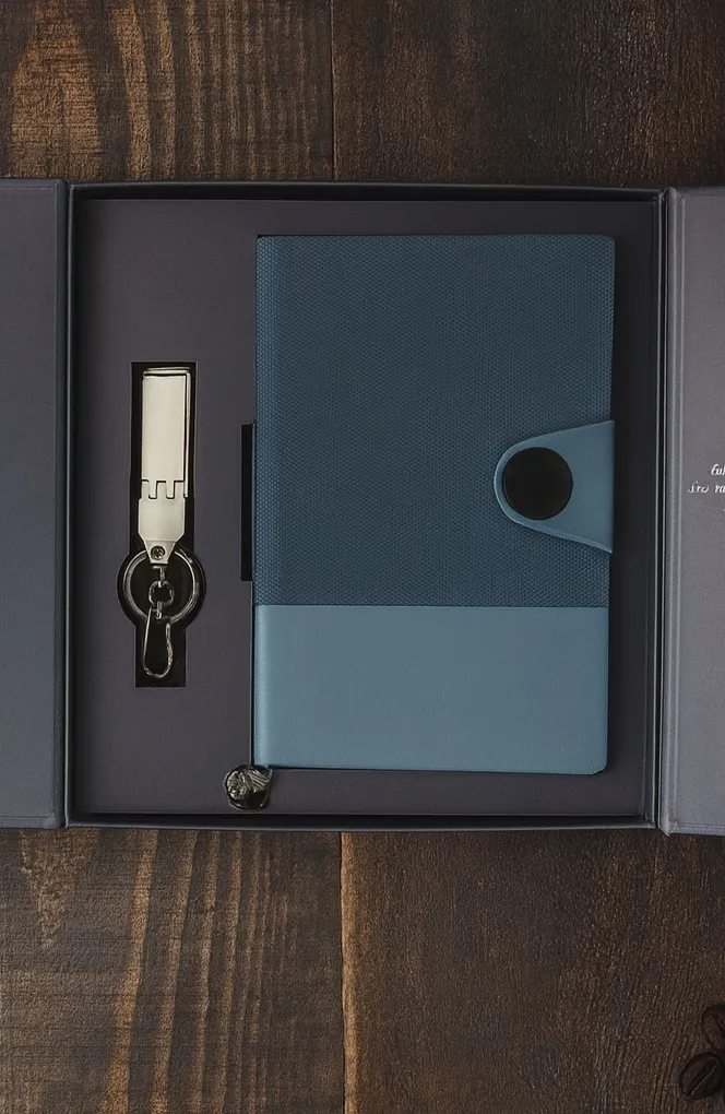 Teal leatherette snap diary with chrome keychain, plus black metal pen and card holder, in a dark magnetic gift box.