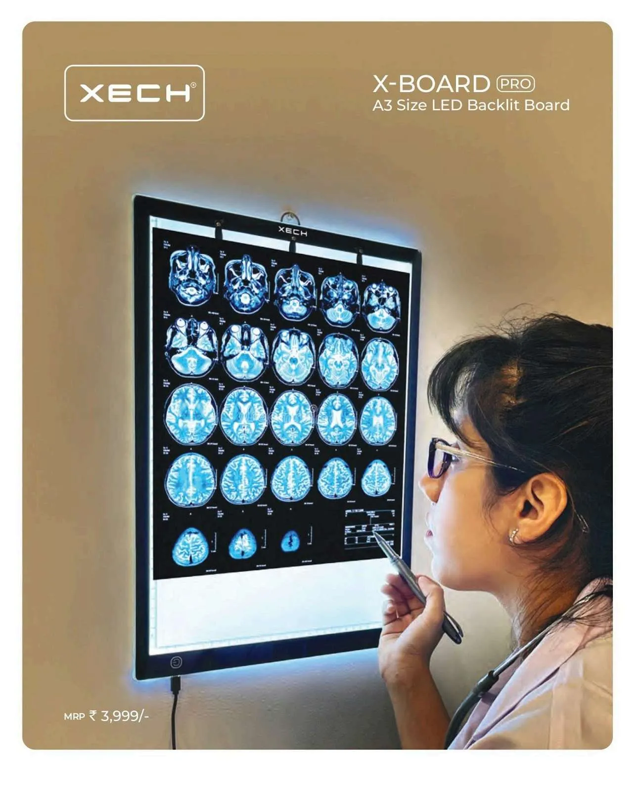 Black A3 XECH X-Board Pro LED light box wall-mounted, displaying brain scan films as a clinician reviews them.