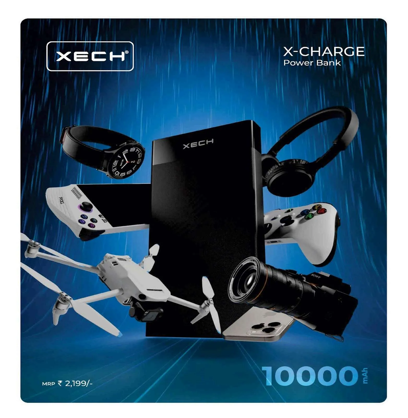 XECH X-Charge black 10000 mAh power bank on a blue background surrounded by gadgets.